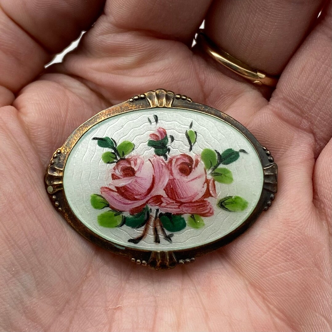 Broche Circulaire Laiton Motif Floral Guilloché Peint - Bijou Fantaisie Vintage, Occasion