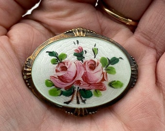 Mid-Century Guilloche Enamel Rose Sterling Silver Brooch - Vintage Guilloche Enamel Brooch - Oval Enamel Rose Brooch White Guilloche Enamel