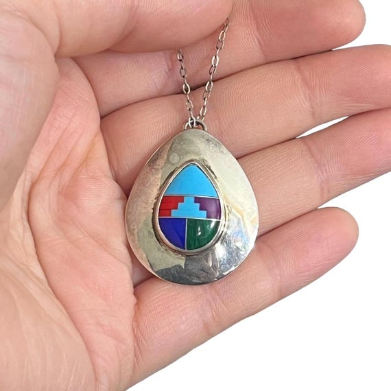 Southwestern Native American Mosaic Stone Pendant Necklace - Native American Sterling Necklace - Native American Malachite Inlay Pendant