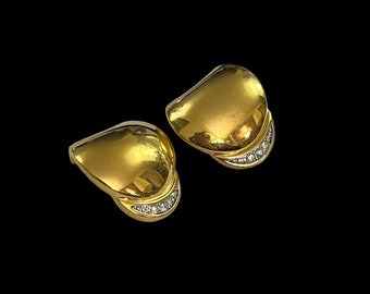 Signed Nina Ricci Clip On Earrings. Gold Nina Ricci Clip-Ons. Nina Ricci Domed Rhinestone Earrings. Gold Rhinestone Round Clip Earrings.