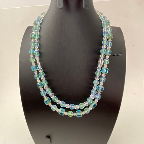 Vintage Blue Green Glass Beaded Necklace. Cut Gla… - image 1