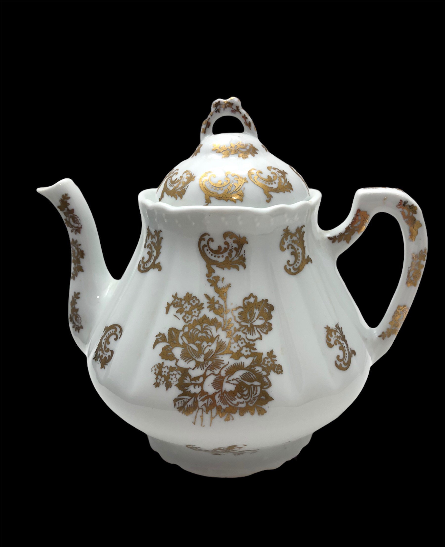 Handpainted French Teapot / Gold and White Porcelain Teapot / Large