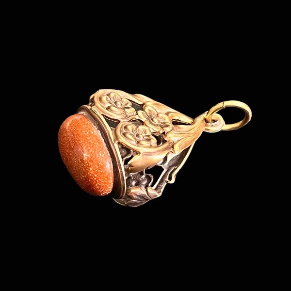 Vintage Goldstone Pocket Watch Fob. Ornate Goldstone Glass Watch Fob. Gold Filled Watch Fob. Goldstone Watch Fob Charm. Goldstone Charm.