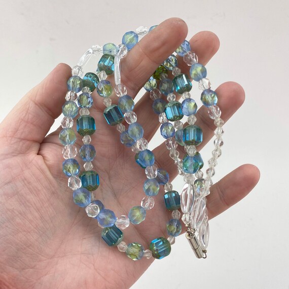 Vintage Blue Green Glass Beaded Necklace. Cut Gla… - image 6