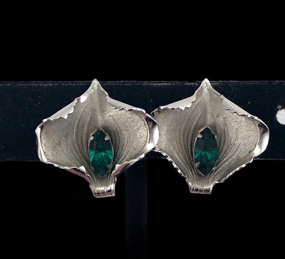 Vintage Bond Boyd Sterling Calla Lily Earrings - Bond Boyd Sterling Silver Screw Mount Earrings - Bond Boyd Green Rhinestone Earrings