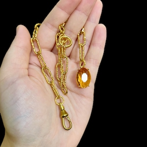 Sparkly Gold Pocket Watch Chain with Citrine Fob. Handmade Watch Chain with Fob. Large Link Watch Chain. Textured Gold Swivel Watch Chain.