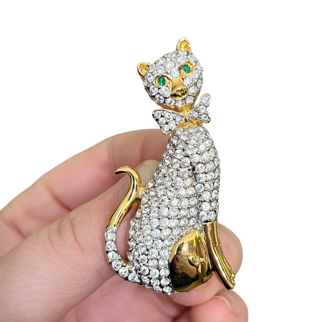 Signed Butler Cat Brooch - Butler Rhinestone Sitting Cat Brooch - 1990 ...