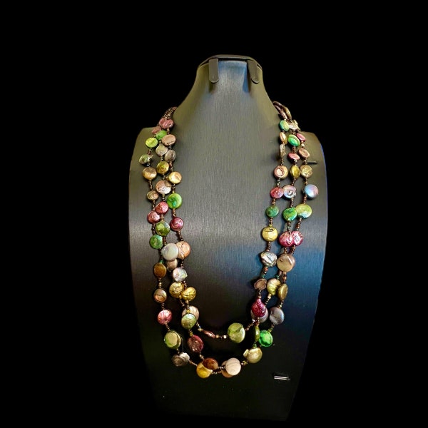 Multicolored Freshwater Pearl Necklace. Brown, Green, Purple, & Gray Pearls. Multi-Strand Pearl Necklace. 3 Strand Colored Pearl Necklace.