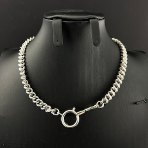 Vintage Silver Metal Pocket Watch Chain Choker Charm Necklace . Bolt Ring & lanyard. C. 1950’s. Steampunk. Victorian Style.