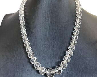 16” Victorian Rock Crystal Beaded Necklace with Sterling Silver Clasp - Antique Rock Crystal Necklace - Faceted Quartz Crystal Necklace