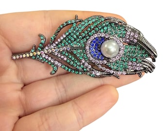 Teal Rhinestone Feather Brooch with Pearl - Large Rhinestone Feather Brooch - Figural Feather Brooch - Costume Jewelry Feather Pin