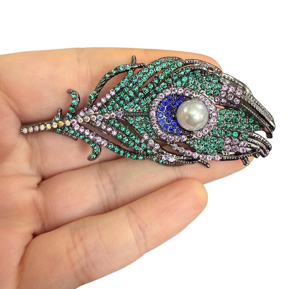 Teal Rhinestone Feather Brooch with Pearl - Large Rhinestone Feather Brooch - Figural Feather Brooch - Costume Jewelry Feather Pin