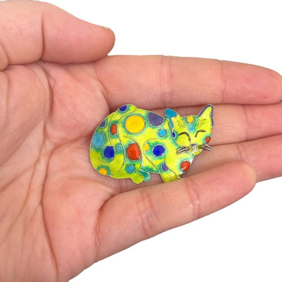 Vintage Sterling Silver Enamel Cat Brooch - Rainbow Spotted Car Brooch - Cat Lover Gift - 925 Enamel Cat Brooch - Psychadelic Cat Brooch View 4