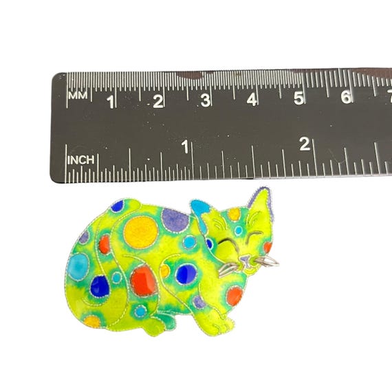 Vintage Sterling Silver Enamel Cat Brooch - Rainbow Spotted Car Brooch - Cat Lover Gift - 925 Enamel Cat Brooch - Psychadelic Cat Brooch View 6