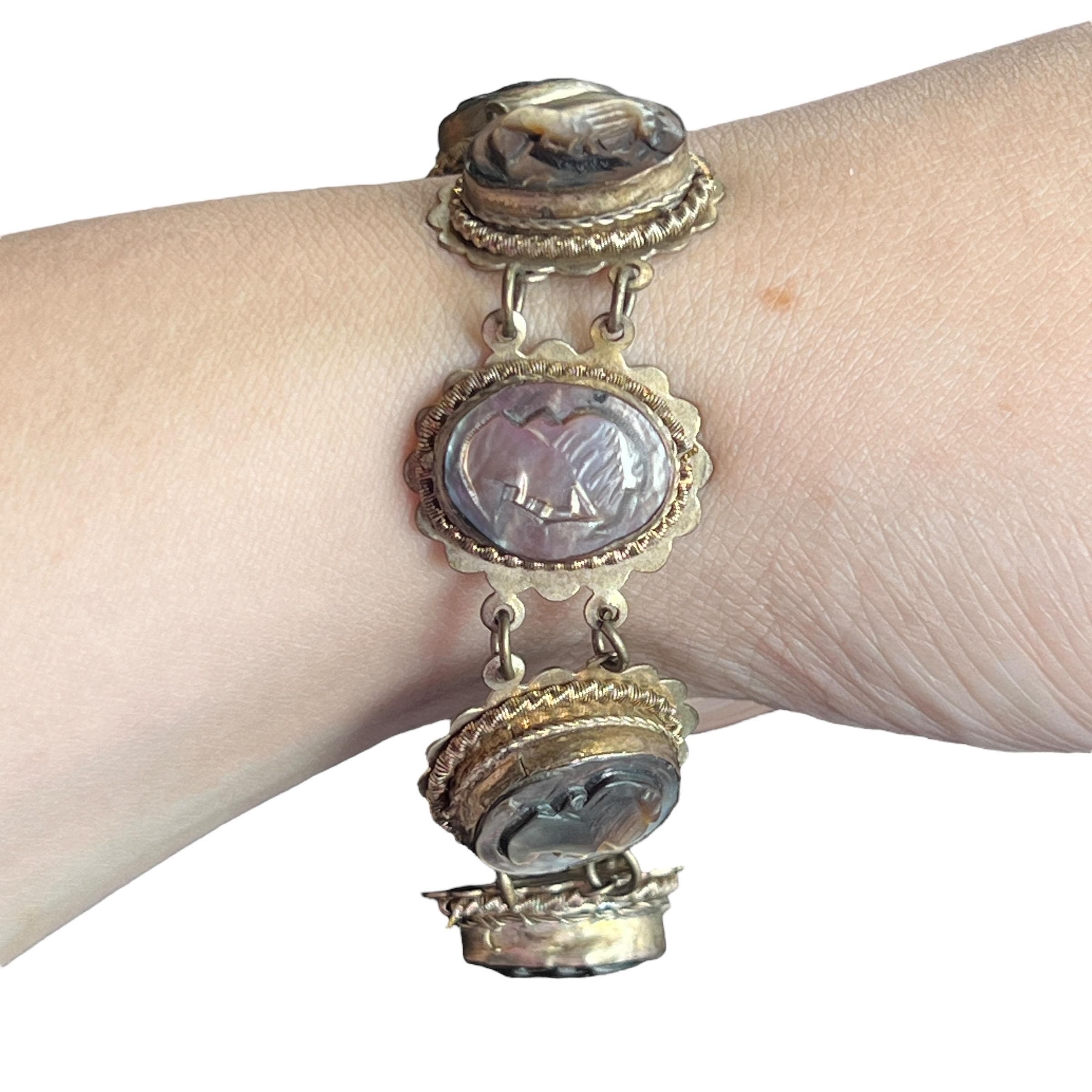 C. 1940's Giuseppe Mandile Cameo Bracelet 800 Silver Over Brass