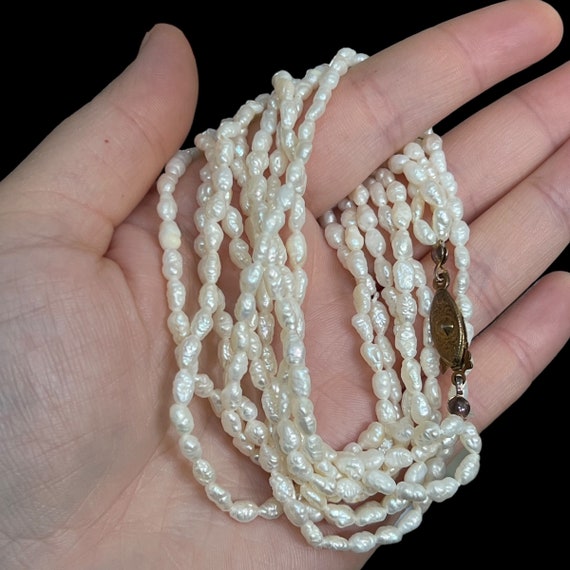 24” Rice Pearl Toursade Necklace. Bronze Tone Cla… - image 5