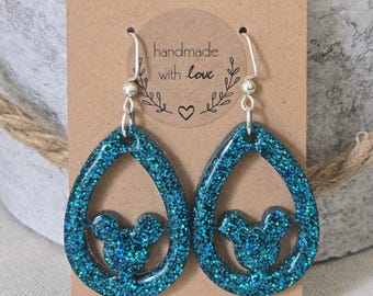 Handmade Glitter Mouse Head Resin Earrings, Disney Jewelry
