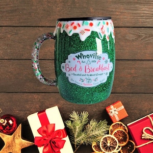 Vaso con purpurina navideña, taza Whoville, vaso con purpurina navideña, chocolate caliente, té, taza de viaje, regalo