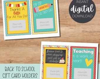 May include: Four printable gift card holders with back to school themes. The first card says "Thanks A Latte For All You Do!" with a yellow background and blue border. The second card says "Sip Sip Hooray! It's The First Day" with a blue background and yellow border. The third card says "Because back to school shopping isn't just for students!" with a yellow background and rainbow stripes. The fourth card says "Teaching is a work of heart!" with a red background and white polka dots.