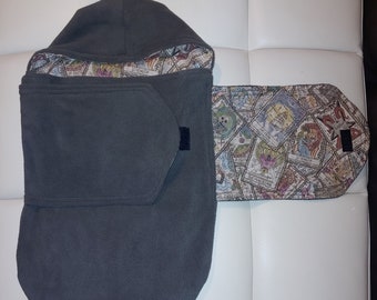 SnugaGhouls Tarot Cards with gray fleece creepy baby swaddle bag