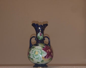 Vintage hand painted vase with handles