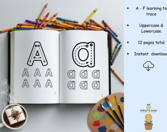 Schede di lavoro per tracciare l'alfabeto dalla A alla F / Esercizi sulle lettere per la scuola materna / Tracciamento di maiuscole e minuscole / Materiali stampabili per la scrittura a mano per bambini piccoli
