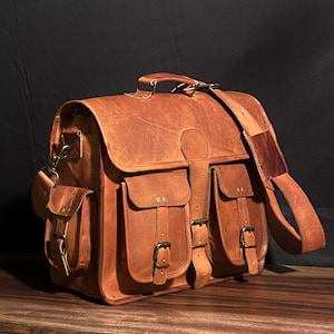 Handmade Leather Travel Messenger Office Crossbody Bag Laptop Briefcase Computer College Satchel Bag For Men And Women image 4