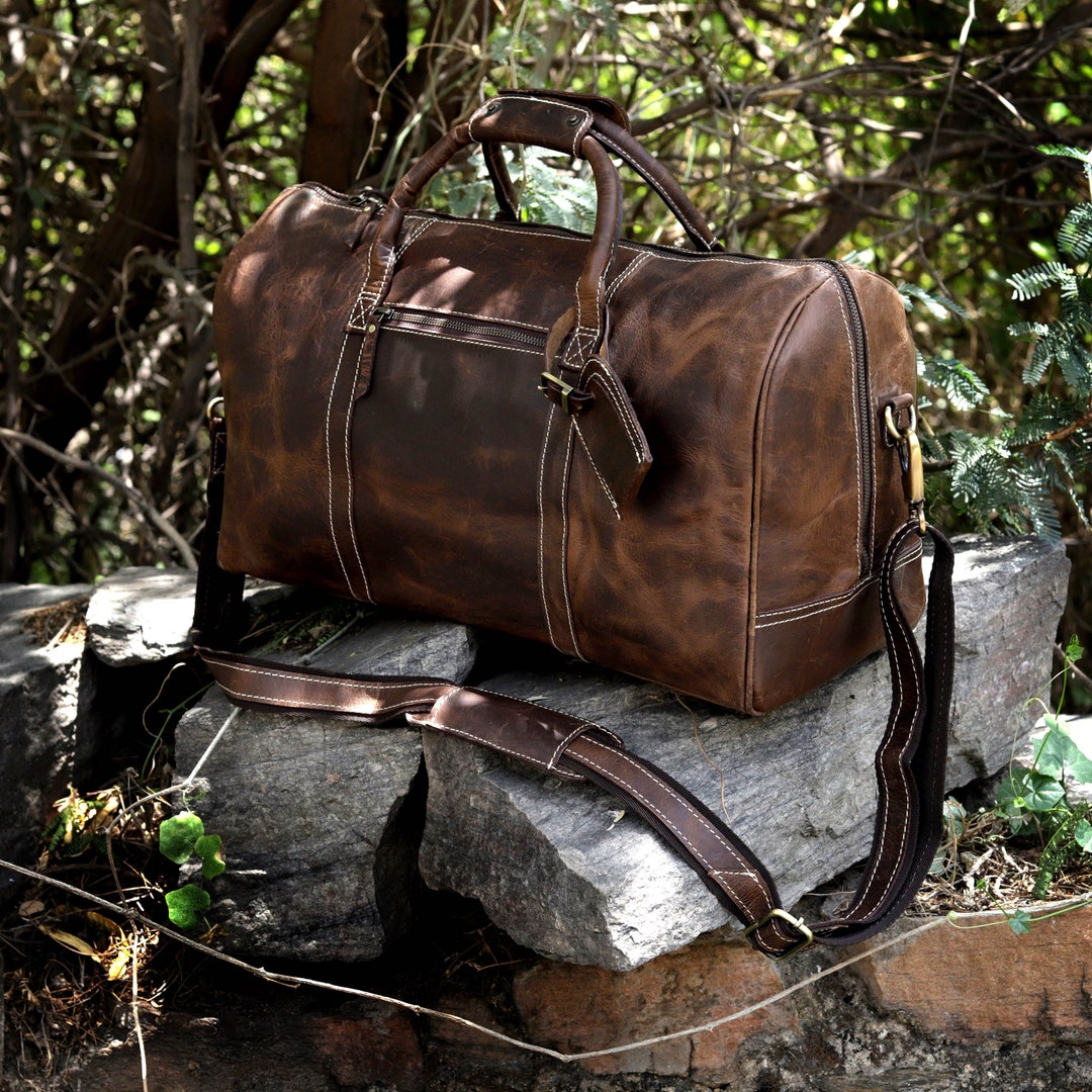 Full Grain Leather Duffle Bag/monogrammed Genuine Leather Weekender Bag ...