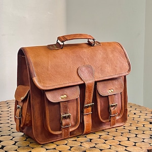 Handmade Leather Travel Messenger Office Crossbody Bag Laptop Briefcase Computer College Satchel Bag For Men And Women image 2