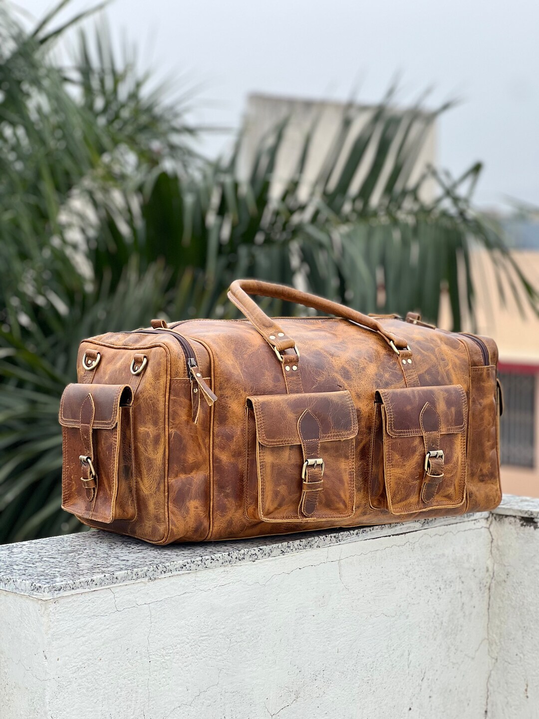 Personalized Leather Duffle Bag Handmade Leather Weekender Etsy