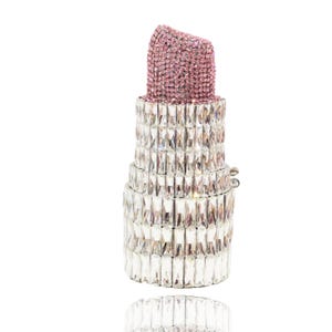 Pink Lipstick Crystal Clutch | Glamorous Rhinestone Evening Bag | Fun and Bold Handbag for Special Occasions