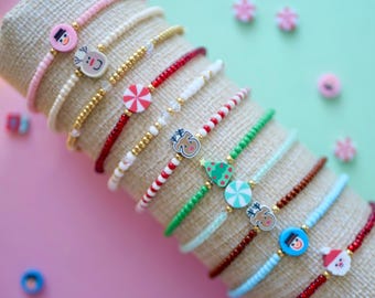 Beaded Christmas Bracelet, Personalized Holiday Stretchy Stack, Mama and me bracelet, Festive