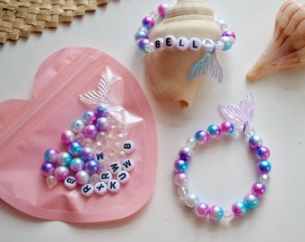 DIY Name Mermaid Bracelet Kit: Personalized stretchy bracelet, Holiday Craft, party favor ideas