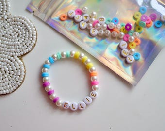 DIY Name Bracelet Kit: Personalized stretchy bracelet, Holiday Craft, party favor ideas