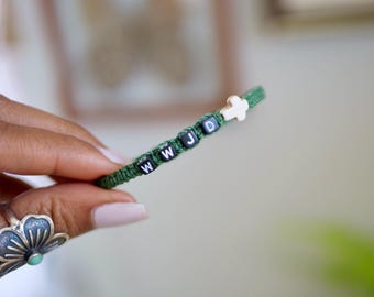 WWJD Macrame Bracelet, Boho Beaded Jewelry, Waterproof