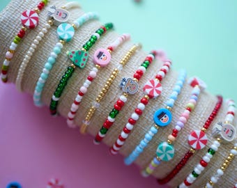 Beaded Christmas Bracelet, Personalized Holiday Stretchy Stack, Mama and me bracelet, Festive