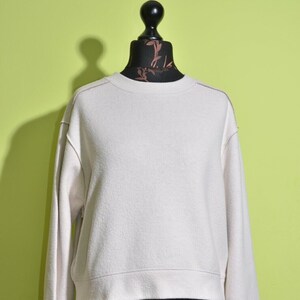 May include: A cream-colored cropped sweatshirt with long sleeves and a crew neck.