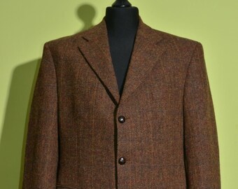 Men's Harris Tweed Brown 3 Button Jacket Size 26 EU52 UK42 US42 Vintage
