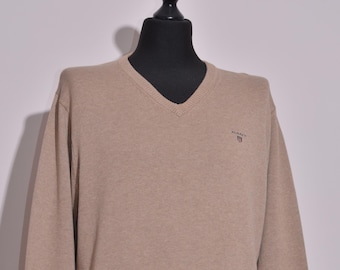 GANT Men's Jumper Pullover Sweater V-Neck Vintage Cotton Beige Size L