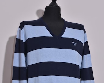 GANT Men's Jumper Pullover Sweater V-Neck Vintage Cotton Striped Navy Blue Sz L
