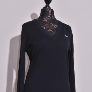 Peut inclure: Un pull noir à col en V et manches longues. Le pull présente un petit logo blanc sur la poitrine. Le vêtement est présenté sur un mannequin. Un style classique.