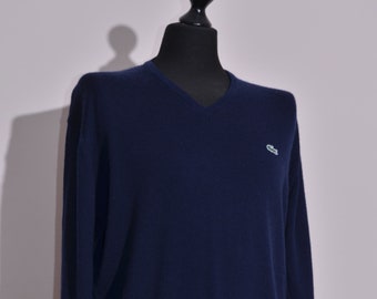 Lacoste Mens Wool Jumper Sweater V Neck Regular Fit Knit Navy Size 6 / XL