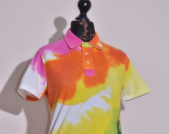 Ralph Lauren Womens Vintage Tie Dye Rainbow Polo Shirt Short Sleeve Cotton Sz L