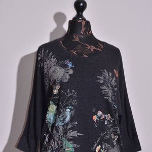 T-shirt Desigual gris foncé surdimensionné à manches longues pour femme, imprimé fleurs, taille S