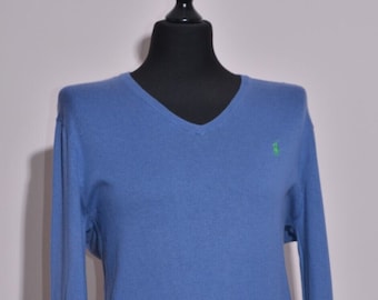 Vintage Polo Ralph Lauren Herren klassischer Strickpullover aus Baumwolle mit V-Ausschnitt in Blau, Größe M