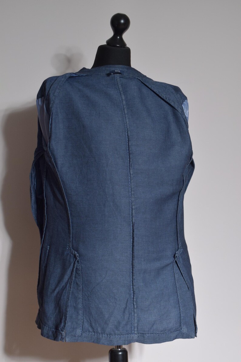 Puede incluir: Un blazer azul oscuro exhibido en un maniqu&iacute;. El blazer tiene un dise&ntilde;o cl&aacute;sico con solapa de muesca y cierre de dos botones. La tela parece ser un tejido texturizado. La parte trasera del blazer es visible, mostrando las costuras y una abertura en la parte inferior.