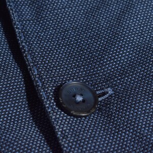 Puede incluir: Primer plano de una blazer azul marino con tejido texturizado. Se ve un bot&oacute;n oscuro con la palabra "HOGAN", sujeto con hilo blanco. La tela tiene un sutil estampado de puntos.