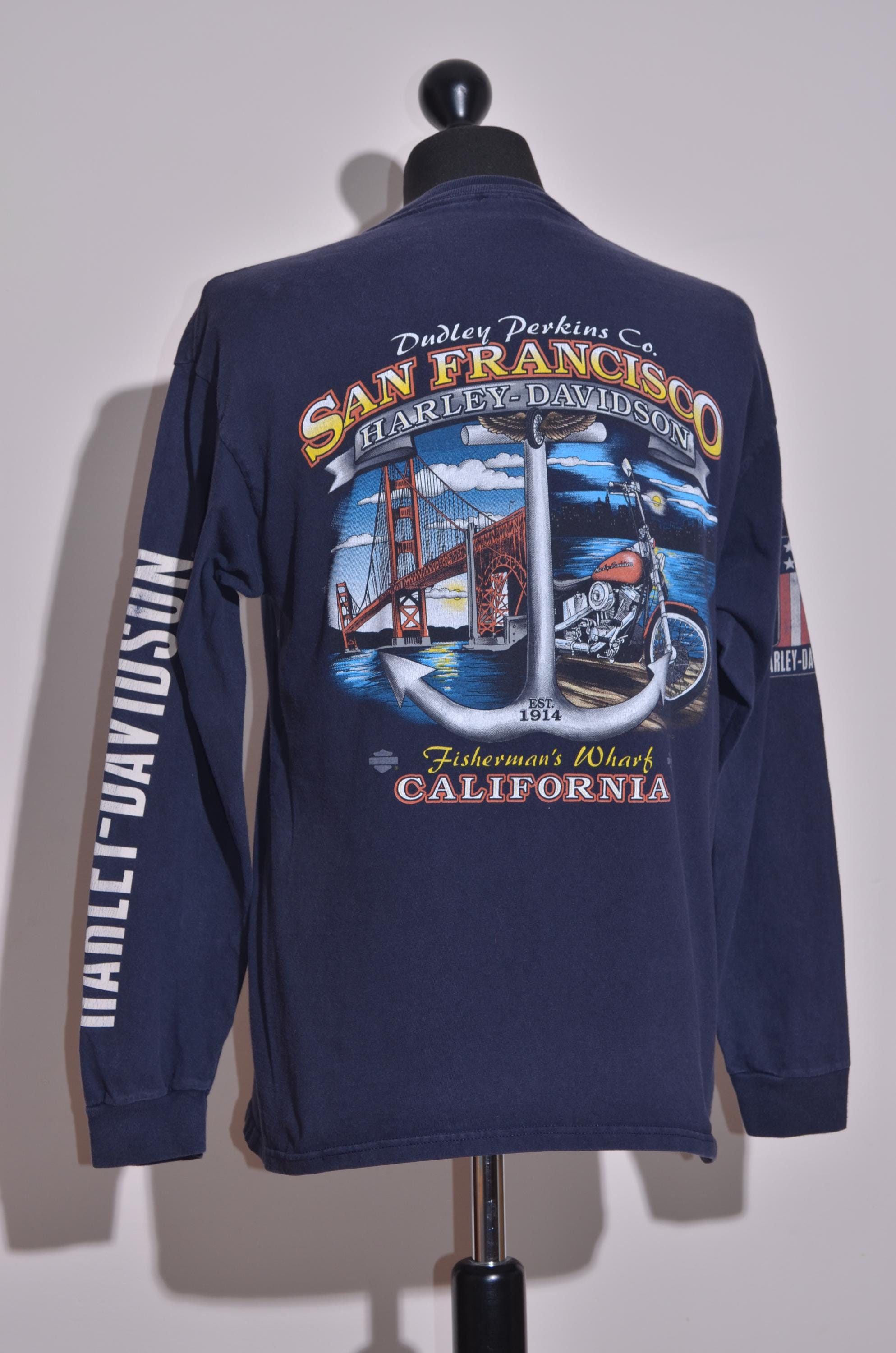 Harley Davidson Long Sleeve T-shirt USA Graphic Hanes Beefy M Blue 