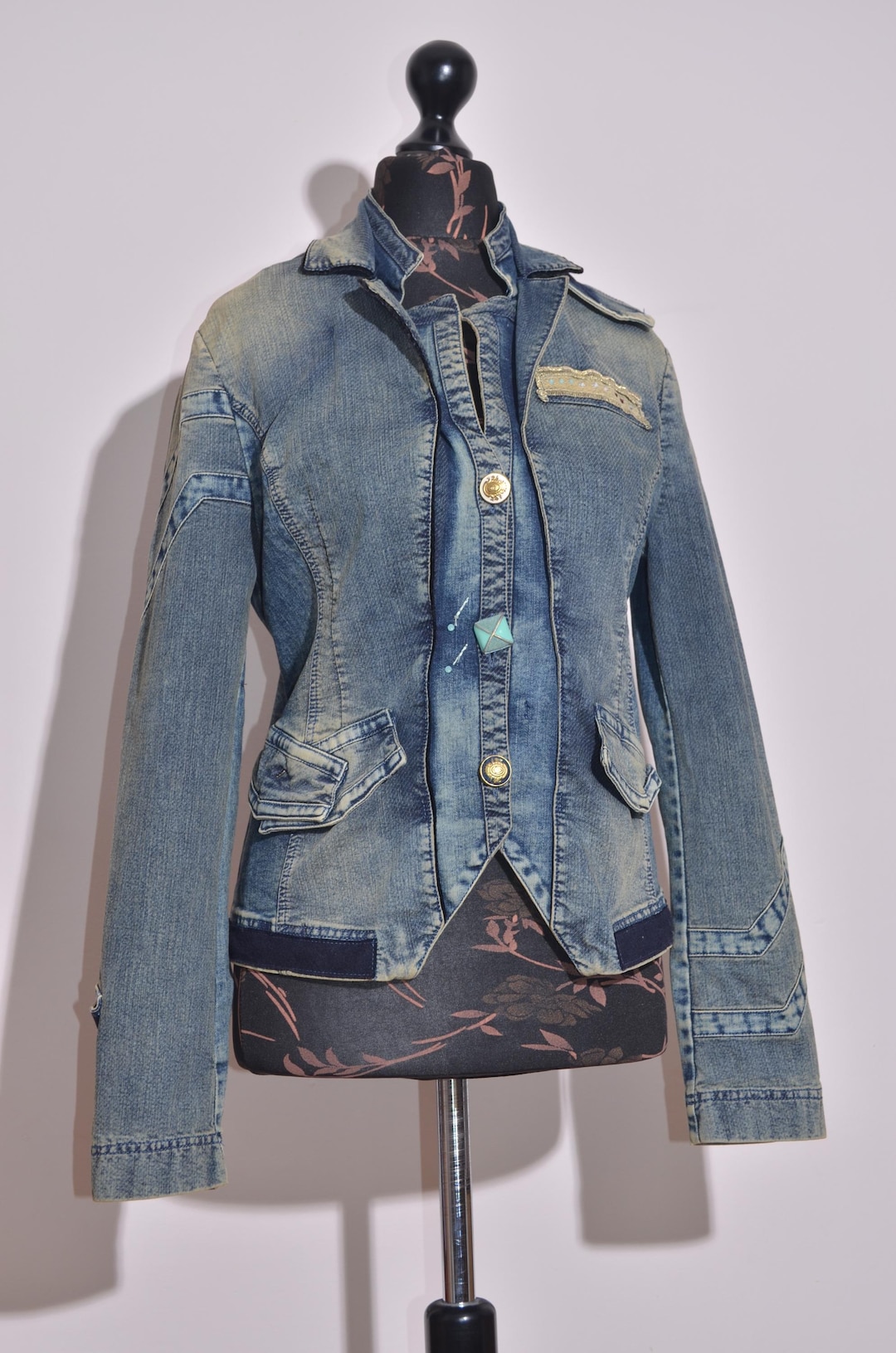 Elisa Cavaletti Denim Jacket Distressed Fitted Blazer Boho Italian 