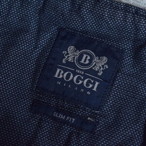 Puede incluir: Primer plano de una tela azul marino con un tejido texturizado. Una etiqueta azul oscuro est&aacute; cosida a la tela, con el nombre de la marca "Boggi Milano" y el texto "Slim Fit". La etiqueta tiene un logotipo con dos leones.